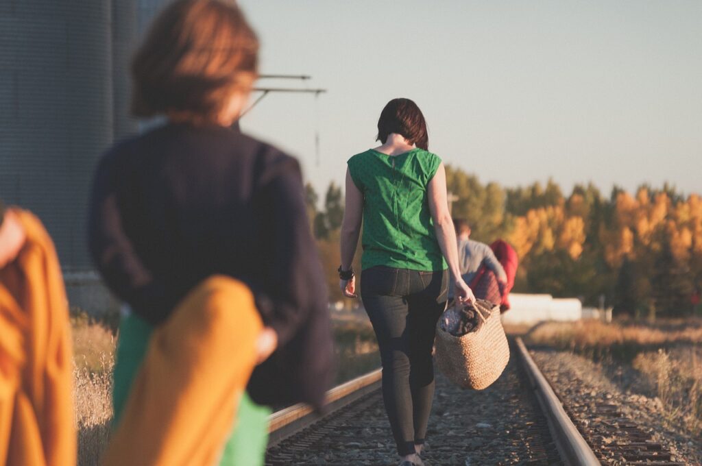 people, family, woman, mother, kids, girl, boy, travel, walking, outside, trees, plants, nature, sky, autumn